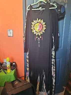 SHEIN Black Maxi Dress with Sun & Moon Graphic and Fringe